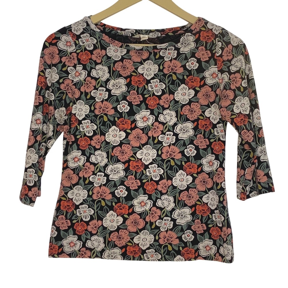 Seasalt Cornwall Floral Top Womens Size 4 Black Pink 3/4 Sleeve Organic Cotton - Picture 2 of 9
